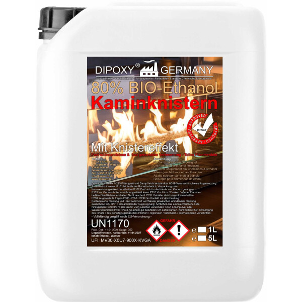 Bioetanolo, etanolo 80% Premium 1L - con effetto crepitio del camino, bioetanolo per caminetti decorativi, caminetti da tavolo, caminetti e caminetti decorativi da giardino per interni ed esterni - senza fumo e fuliggine