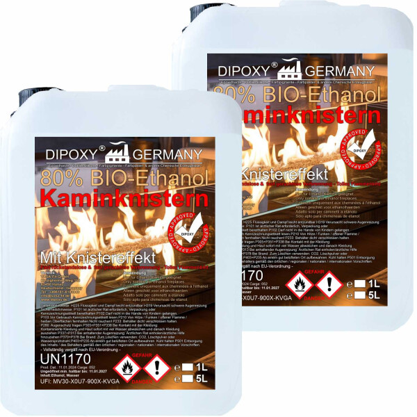 Bioetanolo, etanolo 80% Premium 10L (2x5L) - con effetto crepitio del camino, bioetanolo per caminetti decorativi, caminetti da tavolo, caminetti e caminetti decorativi da giardino per interni ed esterni - senza fumo e fuliggine